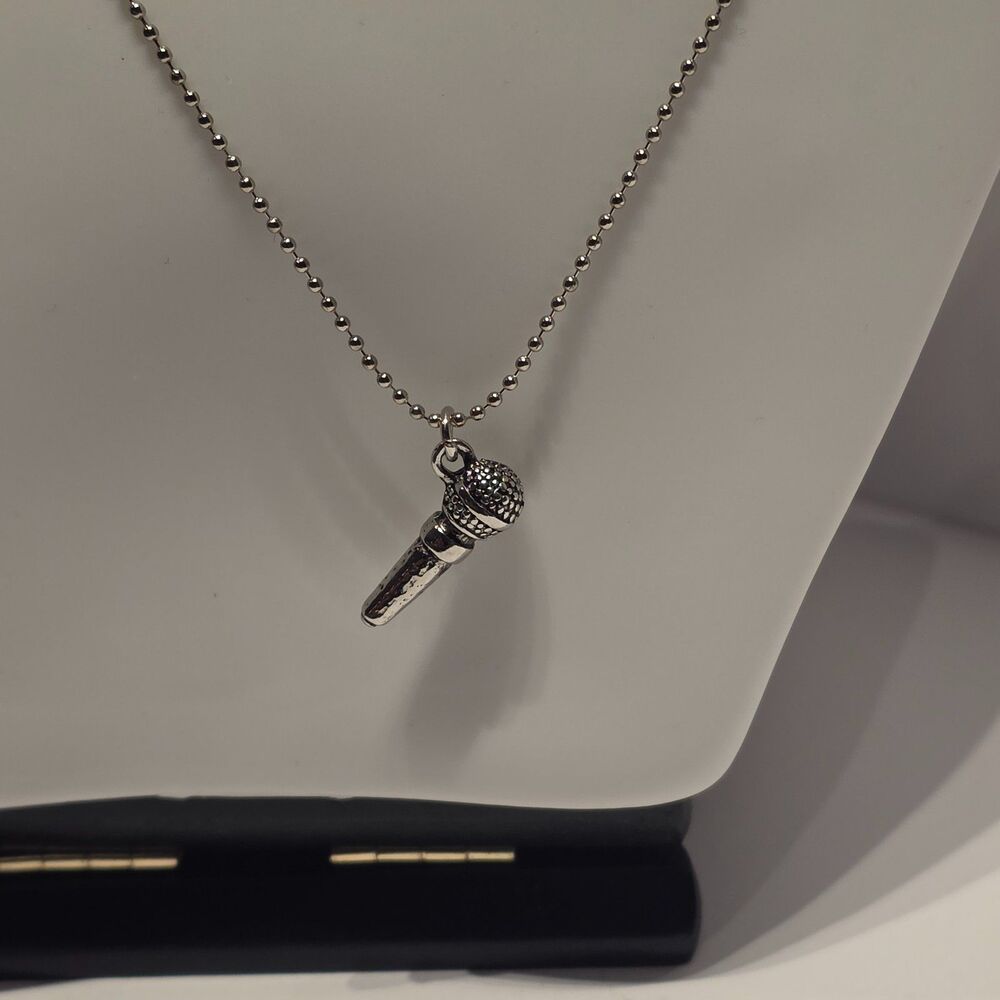Silver Tone Microphone Pendant Necklace, Retro Music Charm on Ball Chain